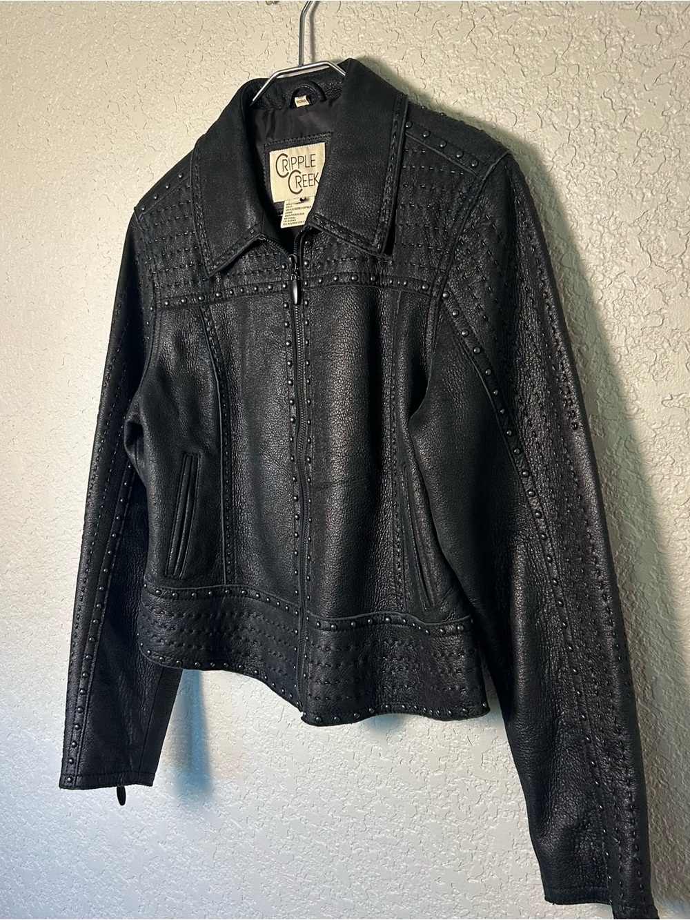Vintage Cripple Creek Studded & Whipstitched Genuine Leather Western Moto Jacket